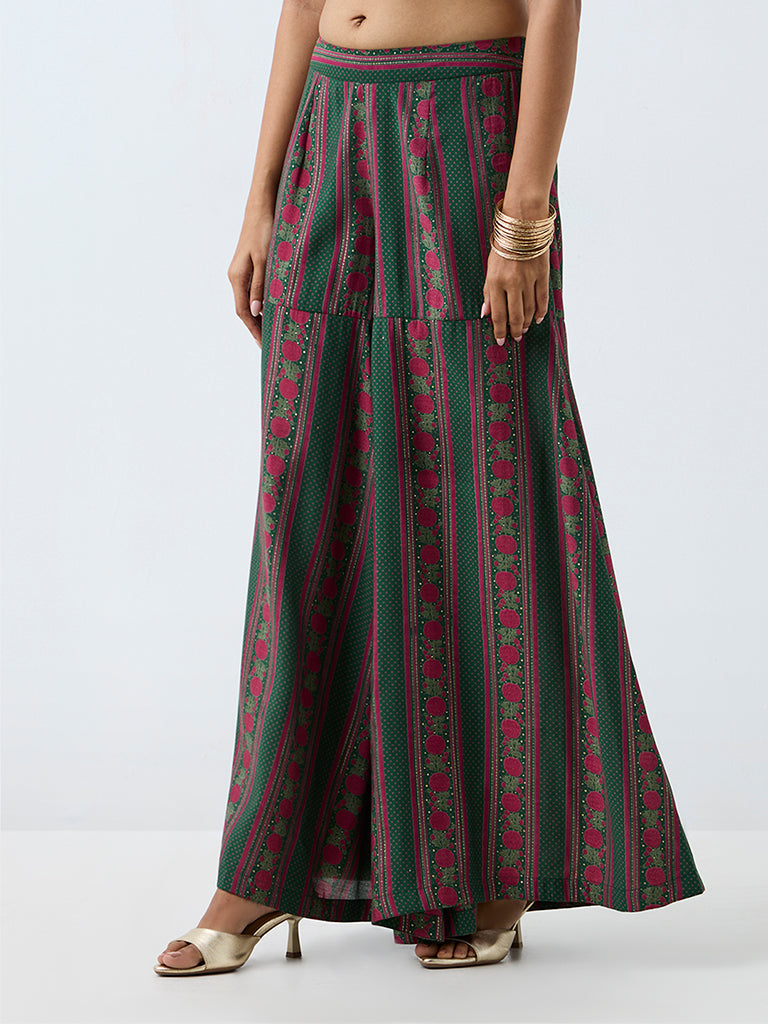 Utsa Green Floral Printed Flared Palazzos