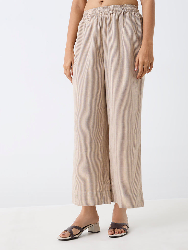 Utsa Light Beige Striped Cotton-Blend Pants