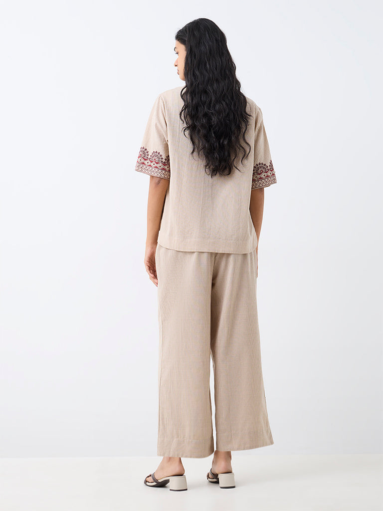 Utsa Light Beige Striped Cotton-Blend Pants