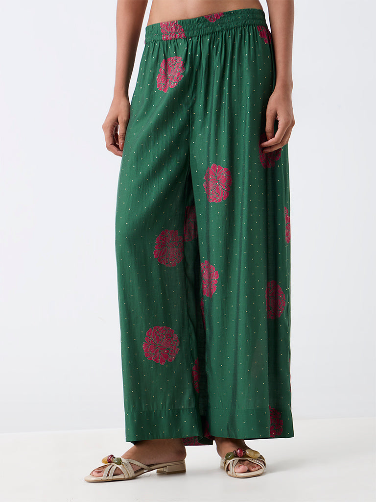 Utsa Dark Green Floral Printed Pants