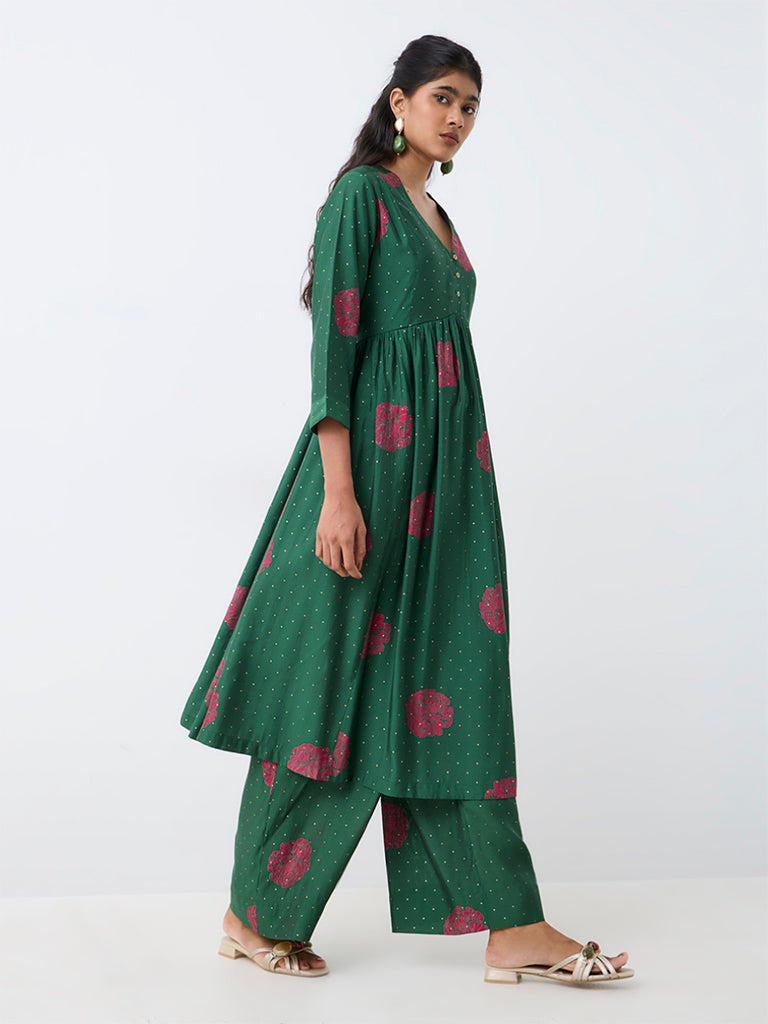 Utsa Dark Green Floral Printed Pants