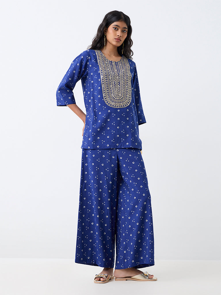 Utsa Dark Blue Bandhani Printed Palazzos