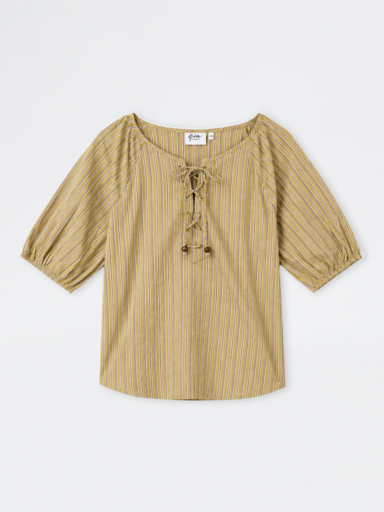 Gia Mustard Striped Tie-Up Detail Top