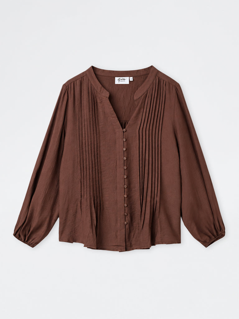Gia Dark Brown Pintuck-Detail Blouse