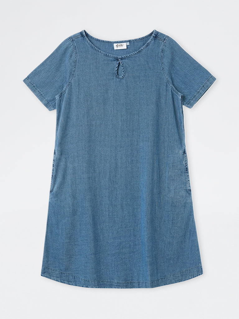 Gia Blue Solid Denim Cotton Straight Dress