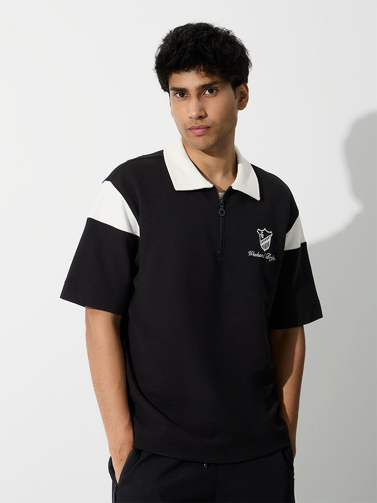 Nuoflexx Black Relaxed-Fit Cotton-Blend Quarter-Zip Polo T-Shirt