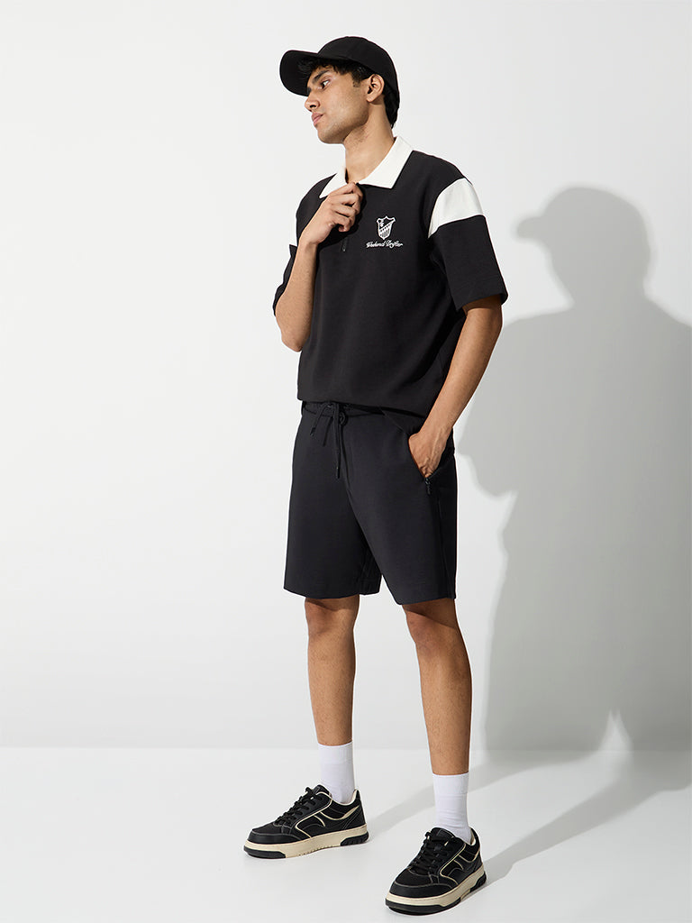 Nuoflexx Black Relaxed-Fit Cotton-Blend Quarter-Zip Polo T-Shirt