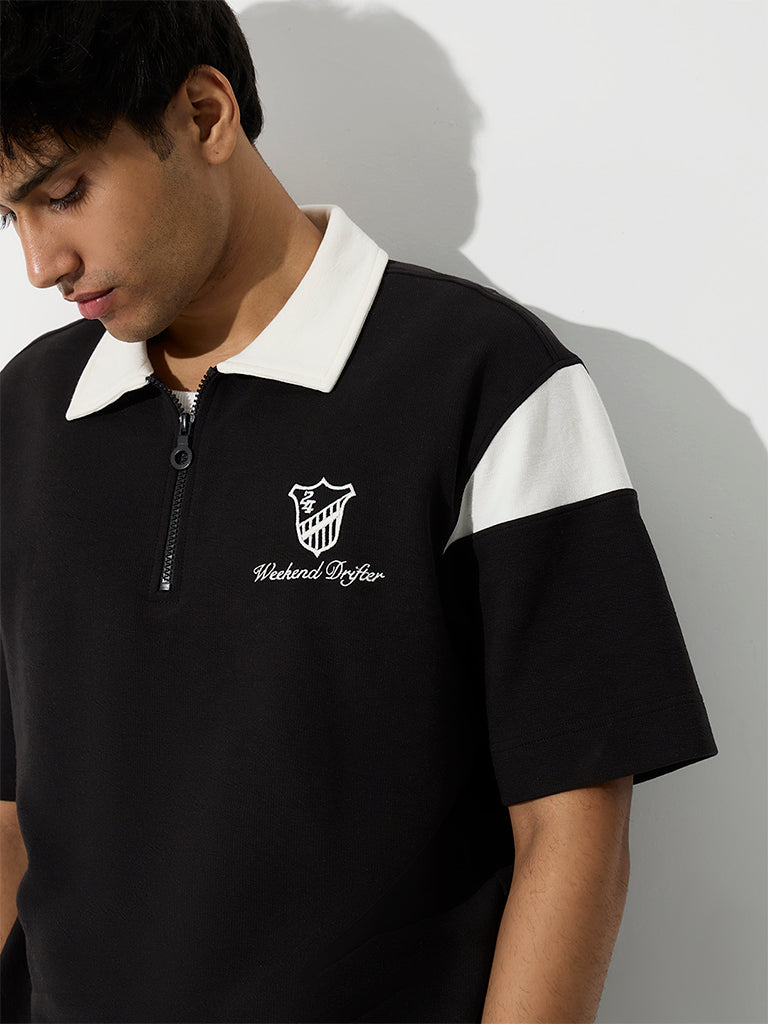 Nuoflexx Black Relaxed-Fit Cotton-Blend Quarter-Zip Polo T-Shirt