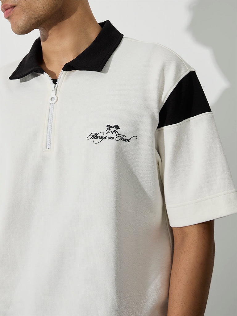 Nuoflexx Off-White Typography Relaxed-Fit Quarter-Zip Cotton-Blend Polo T-Shirt