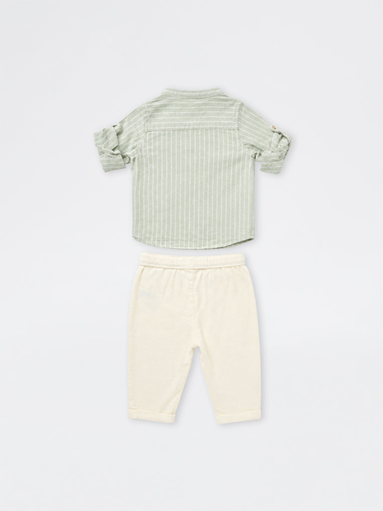HOP Baby Boys Sage Striped Cotton Shirt and Pant Set