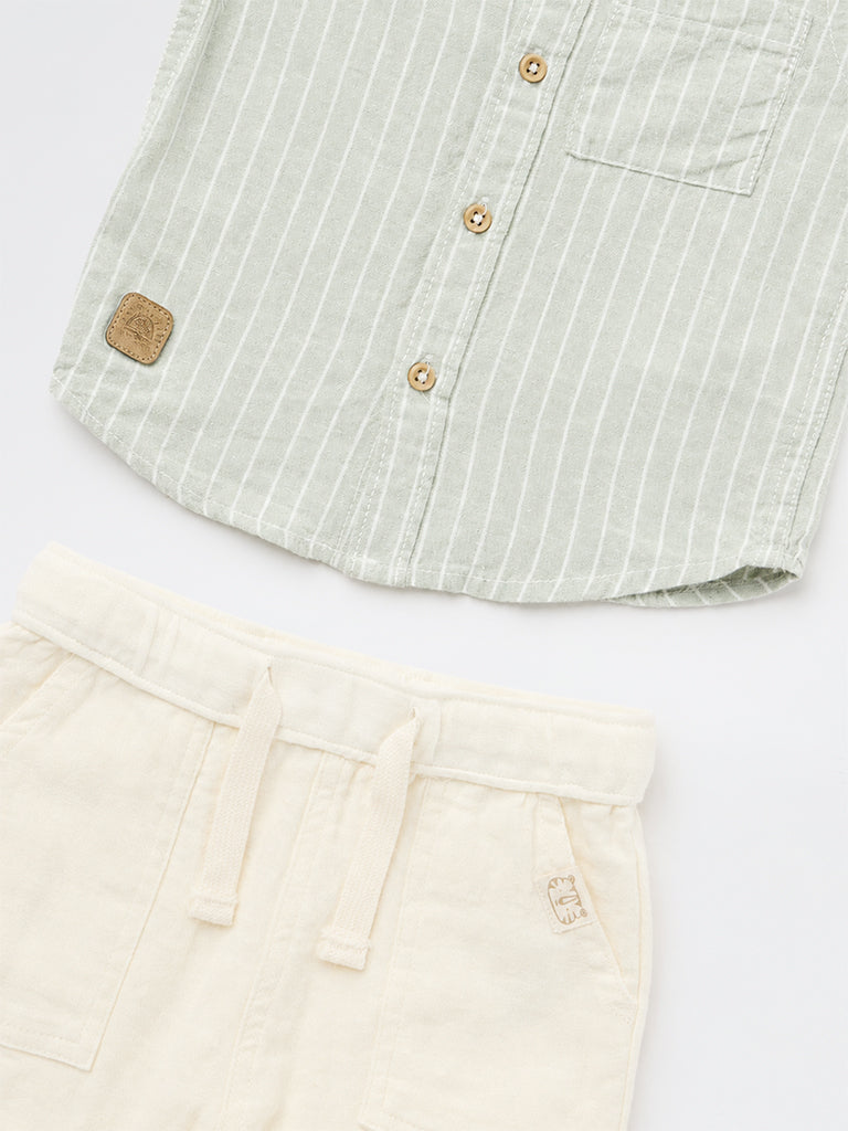 HOP Baby Boys Sage Striped Cotton Shirt and Pant Set