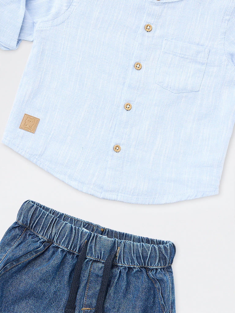 HOP Baby Boy Light Blue Textured Cotton Shirt and Joggers Set