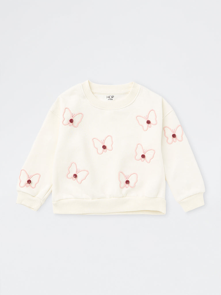 HOP Kids Girls Off-White Butterfly Embroidered Cotton-Blend Sweatshirt