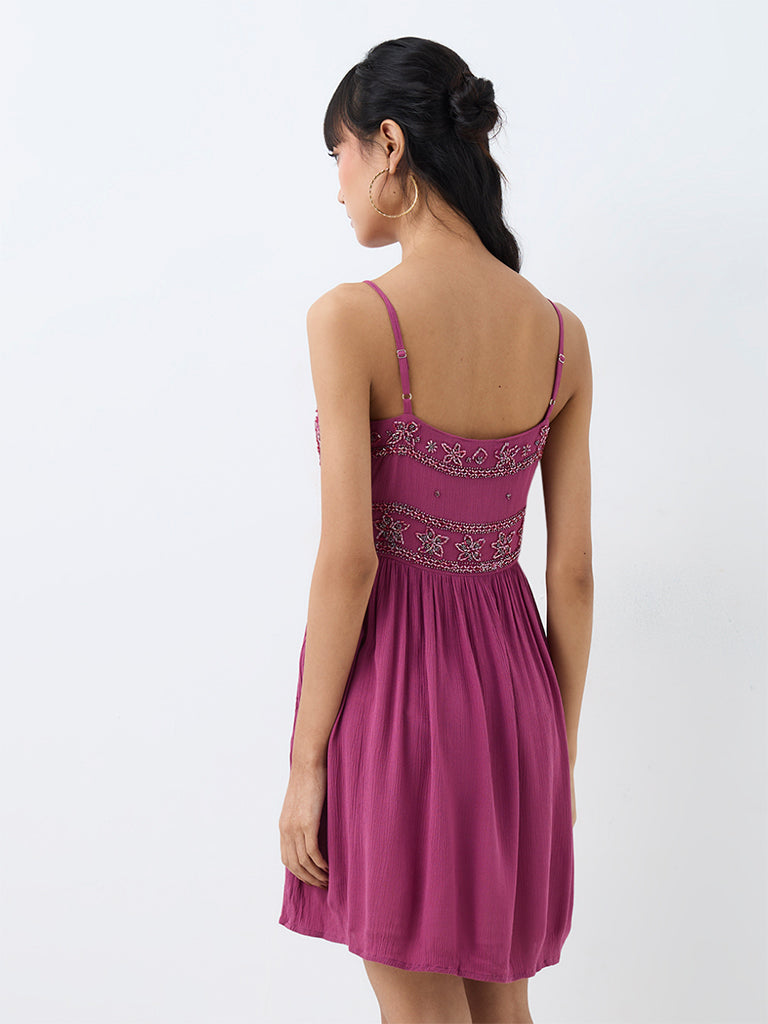 Bombay Paisley Purple Floral Embellished Cotton Fit-and-Flare Mini Dress