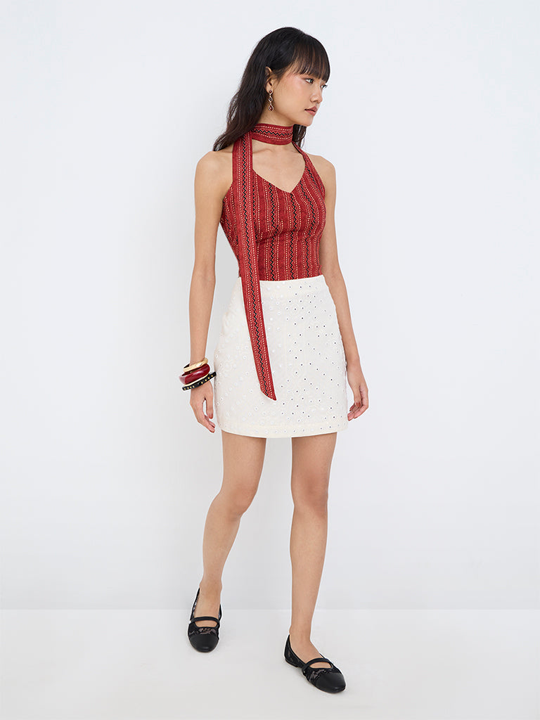 Bombay Paisley Off-White Mirror-Work Detailed High-Rise Mini Skirt