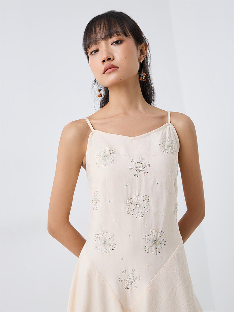 Bombay Paisley Off-White Embroidered Cotton-Blend Asymmetrical Dress