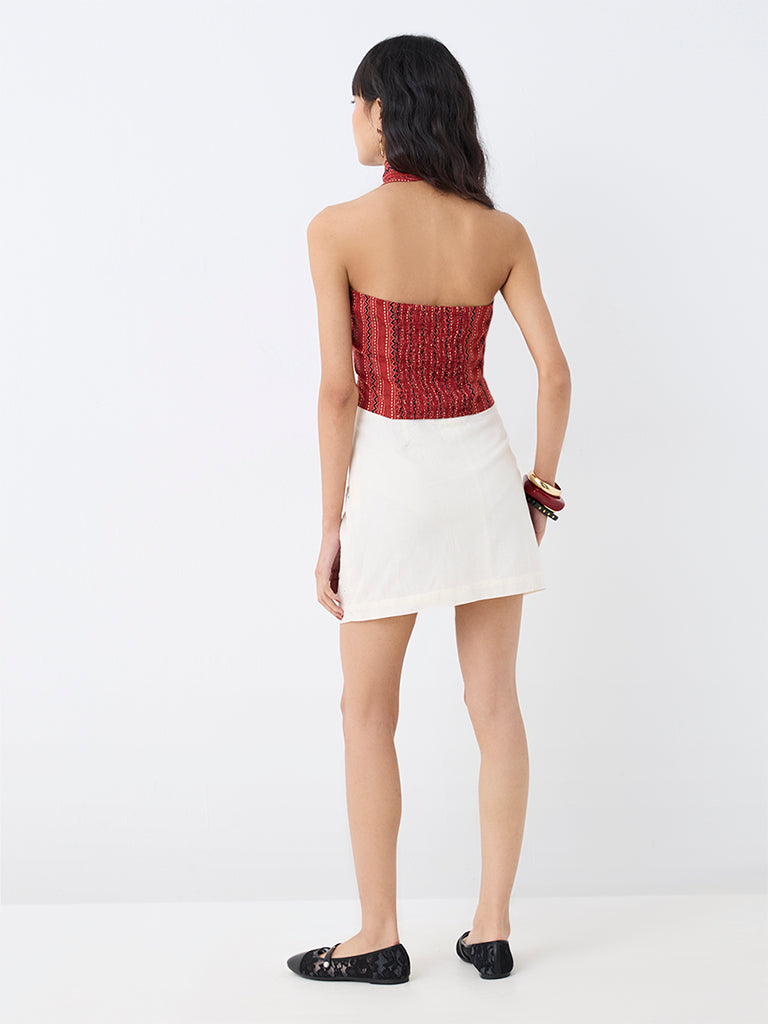 Bombay Paisley Off-White Mirror-Work Detailed High-Rise Mini Skirt