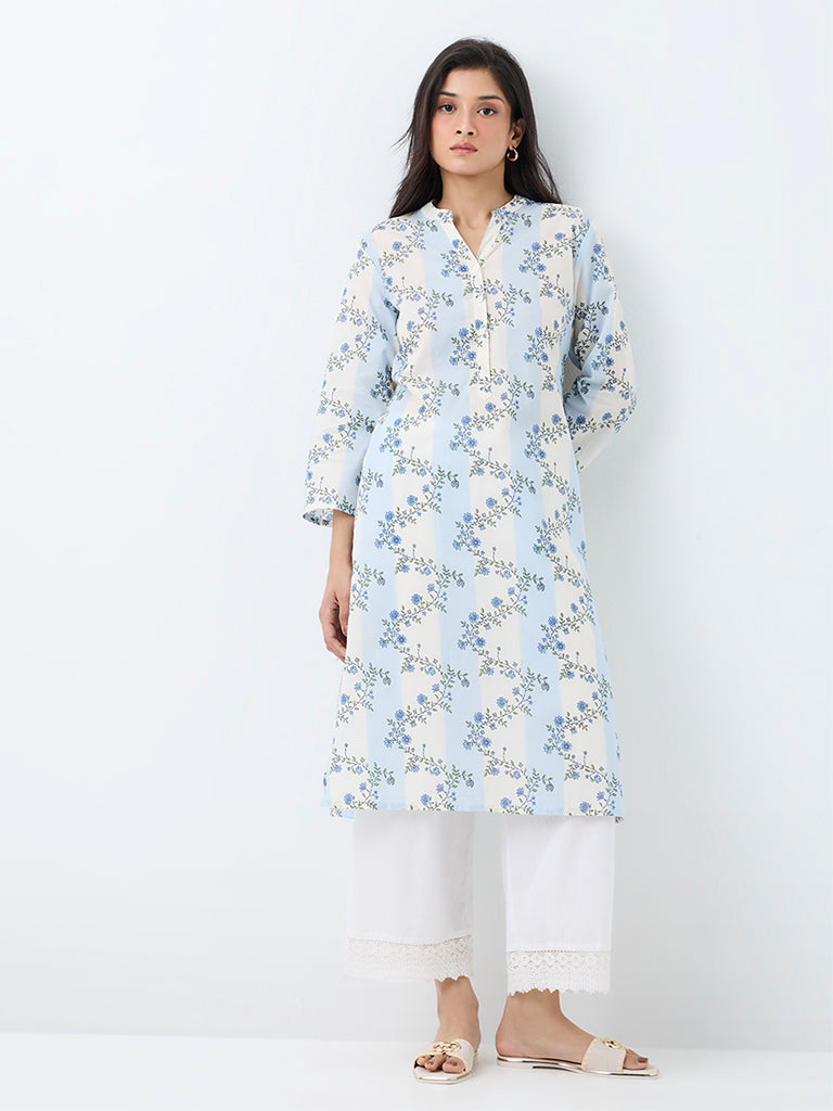 Utsa Light Blue Floral Printed Cotton Straight Kurta