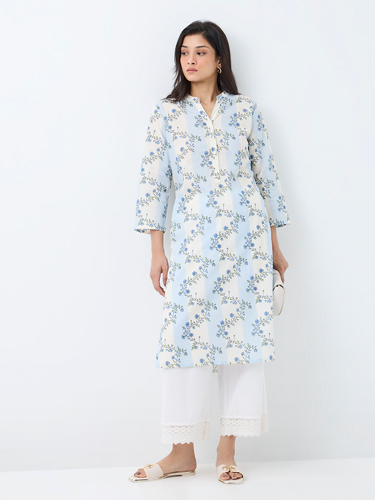 Utsa Light Blue Floral Printed Cotton Straight Kurta