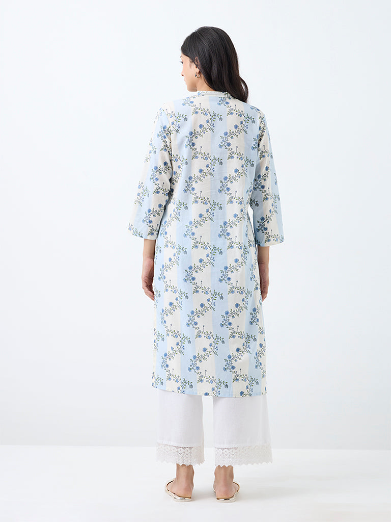 Utsa Light Blue Floral Printed Cotton Straight Kurta