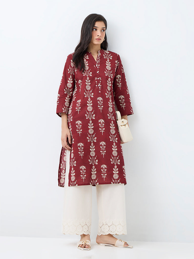 Utsa Maroon Floral Printed Cotton Straight Kurta