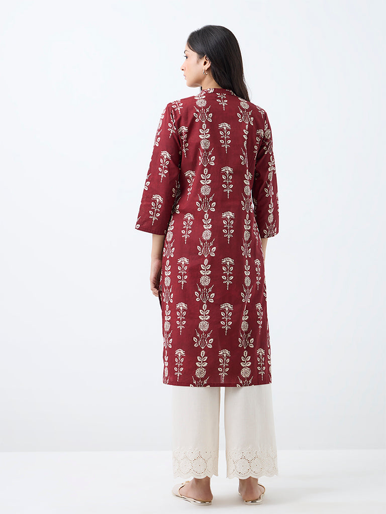 Utsa Maroon Floral Printed Cotton Straight Kurta