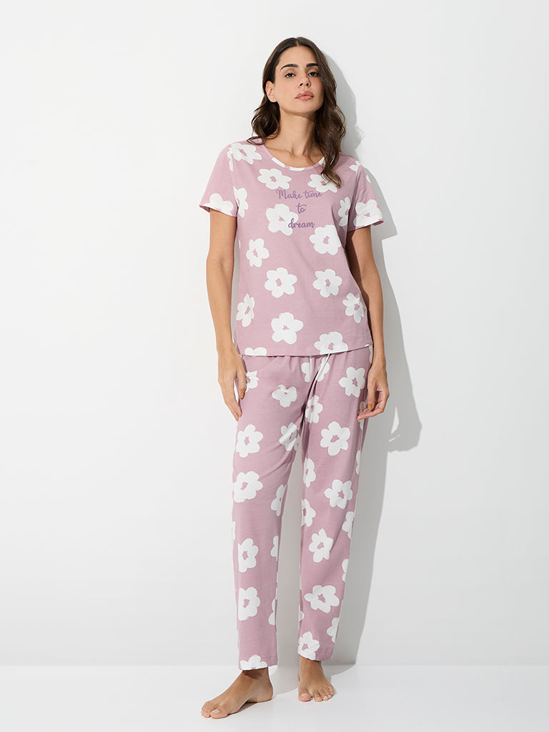 Wunderlove Light Mauve Floral Cotton T-Shirt and Pants Set