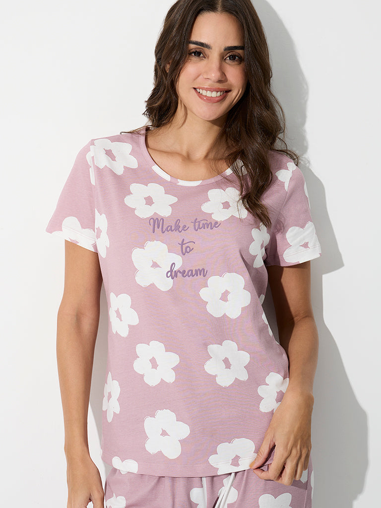 Wunderlove Light Mauve Floral Cotton T-Shirt and Pants Set