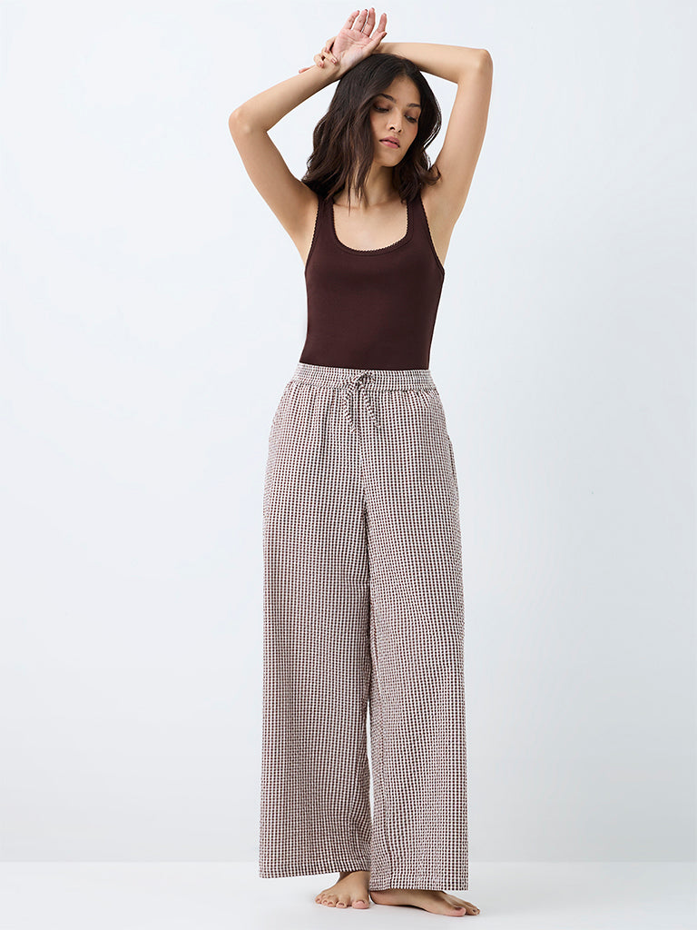 Wunderlove Brown Gingham Checkered High-Rise Cotton Pants