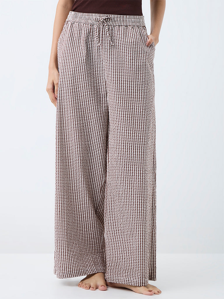 Wunderlove Brown Gingham Checkered High-Rise Cotton Pants