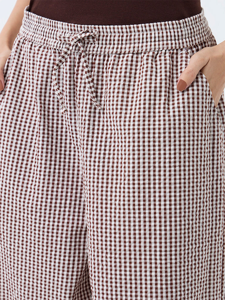 Wunderlove Brown Gingham Checkered High-Rise Cotton Pants