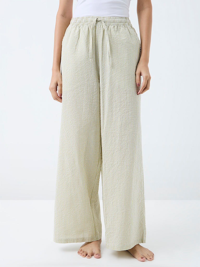 Wunderlove Sage Gingham Checkered High-Rise Cotton Pants