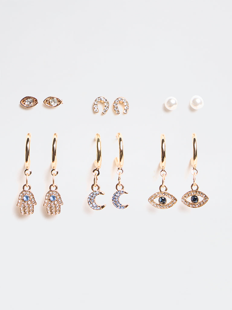 Westside Accessories Gold Multi-Design Stud and Hoop Earrings - Pack of 6