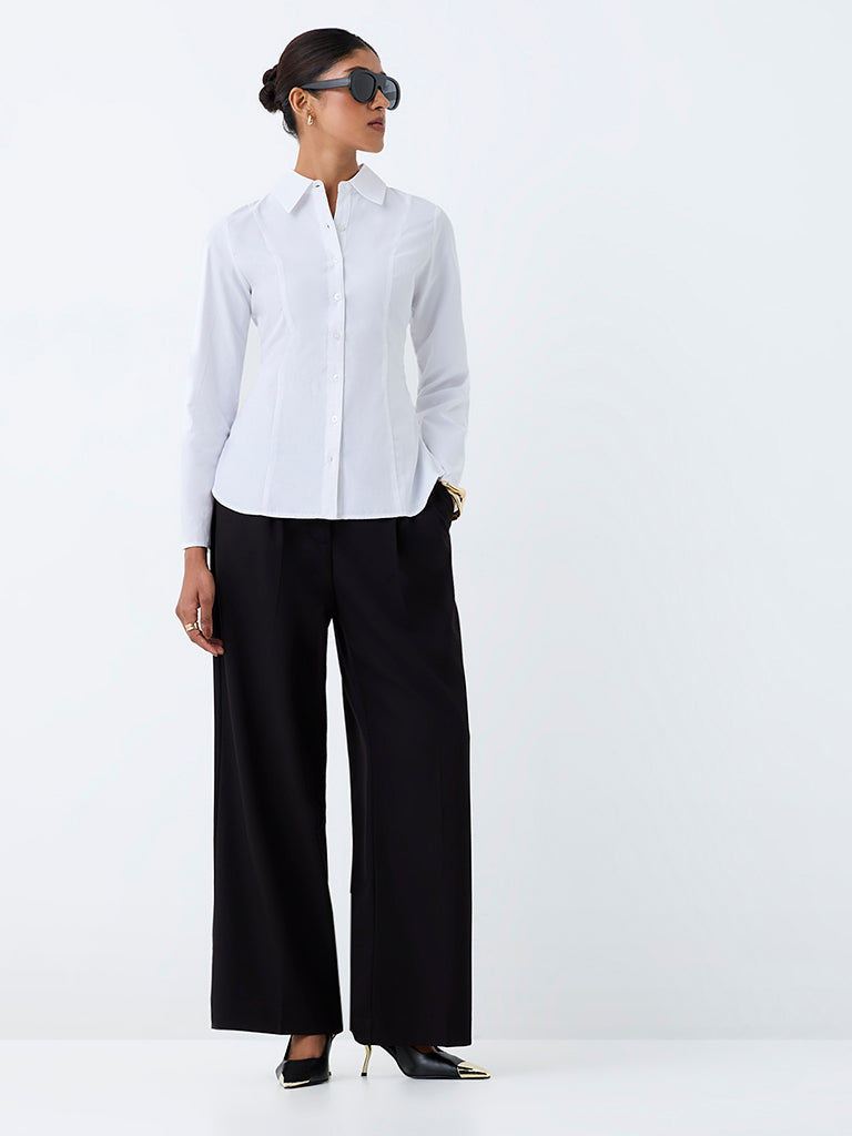 Wardrobe White Solid Cotton-Blend Shirt