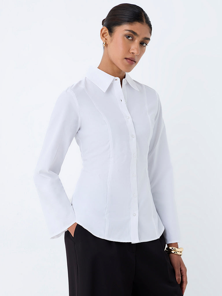 Wardrobe White Solid Cotton-Blend Shirt