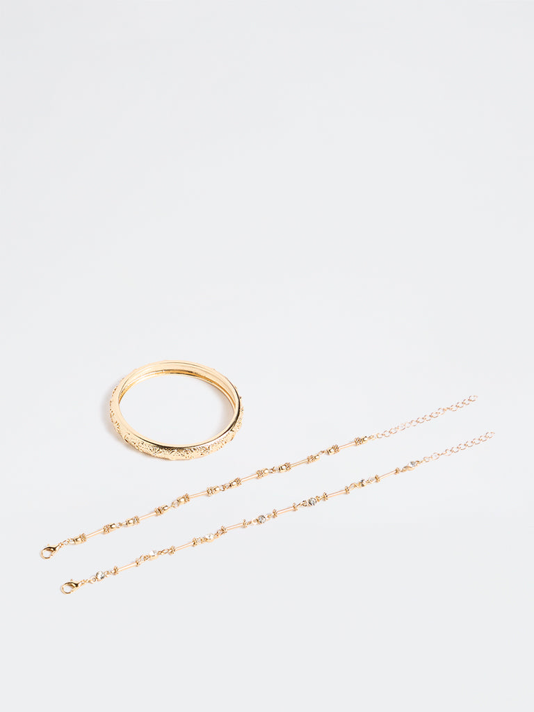 Westside Accessories Gold Textured Bangle and Chain Bracelets - Pack of 3