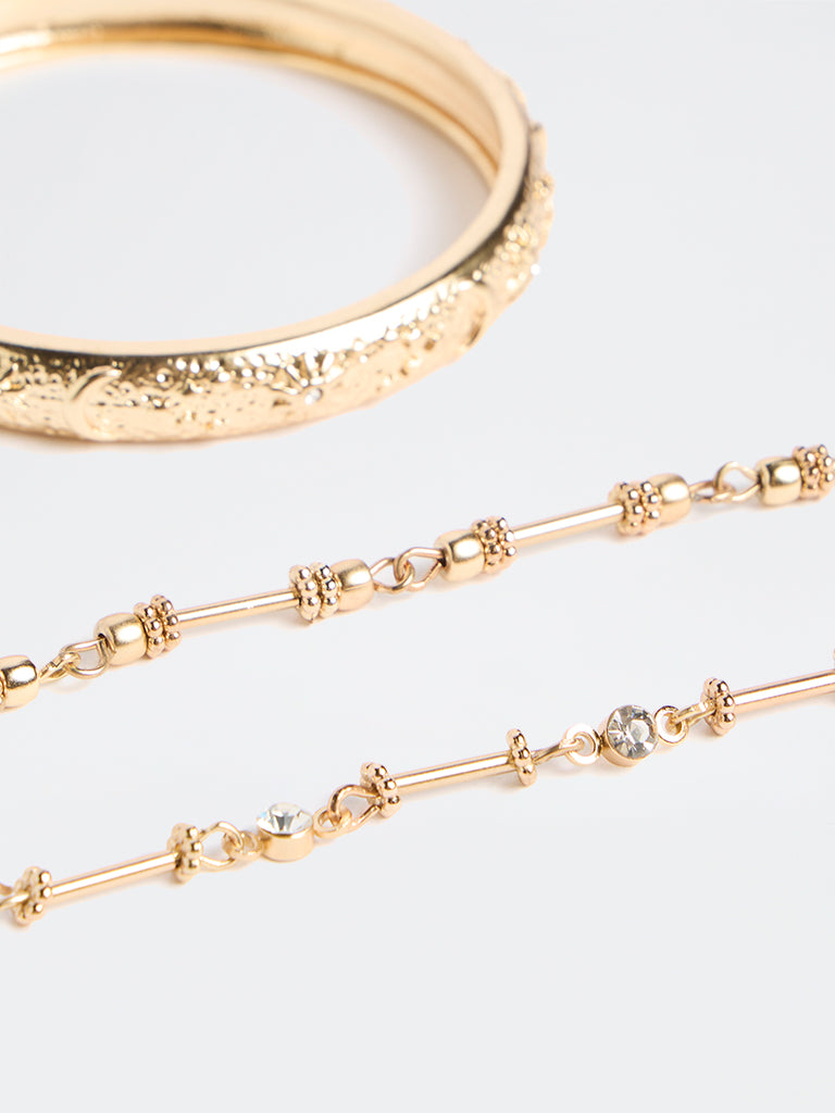 Westside Accessories Gold Textured Bangle and Chain Bracelets - Pack of 3