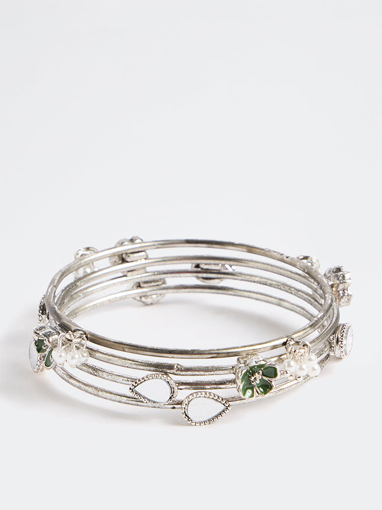 Westside Accessories Silver Floral and Mirror Design Bangles - Pack of 4