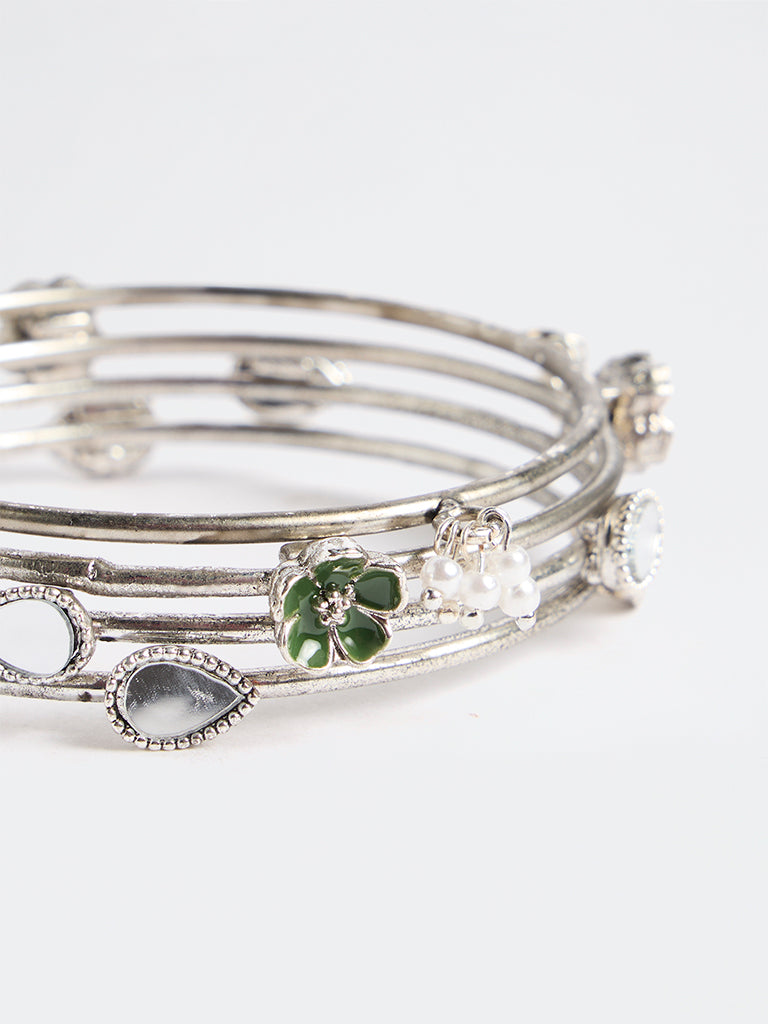 Westside Accessories Silver Floral and Mirror Design Bangles - Pack of 4