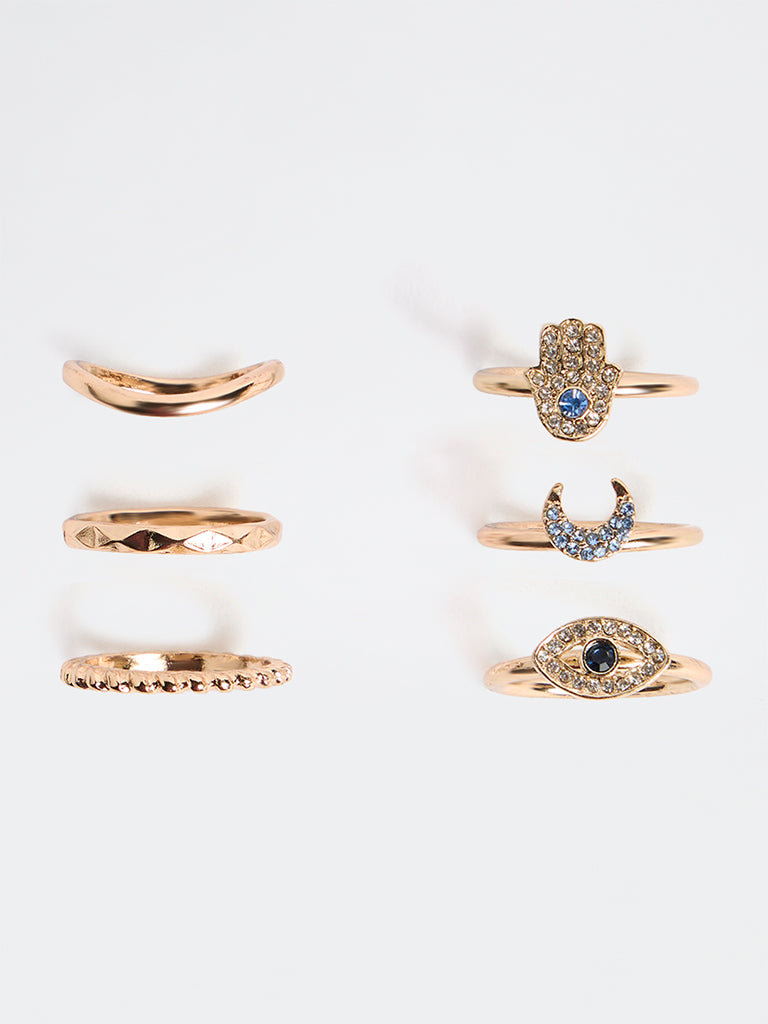 Westside Accessories Gold Multi-Design Embellished Rings - Pack of 6