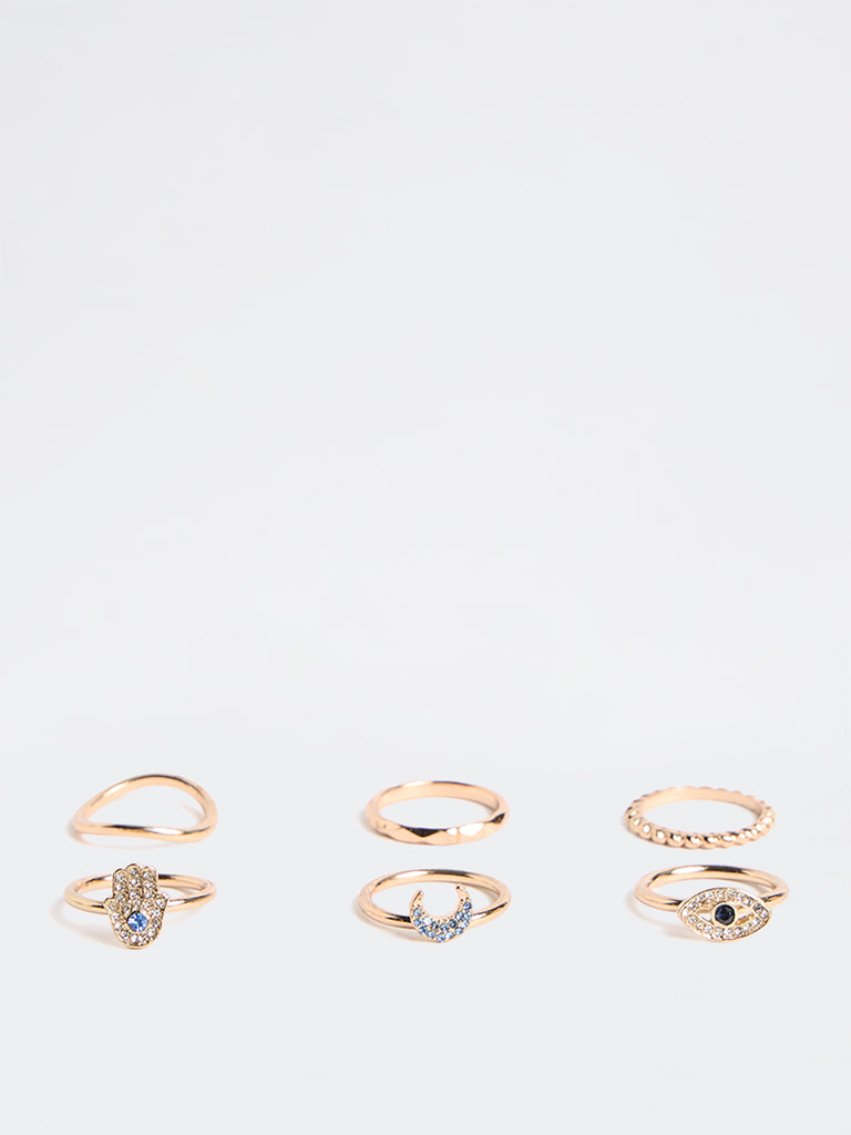 Westside Accessories Gold Multi-Design Embellished Rings - Pack of 6