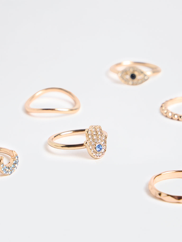 Westside Accessories Gold Multi-Design Embellished Rings - Pack of 6