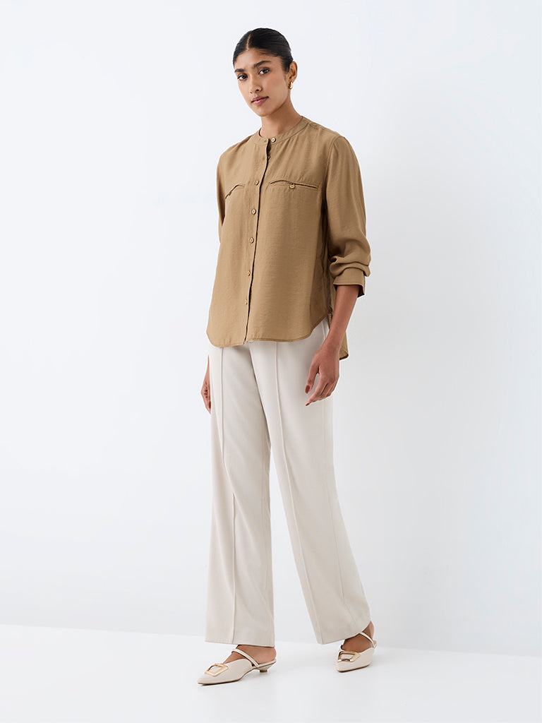 Wardrobe Dark Beige Solid Cotton Blouse