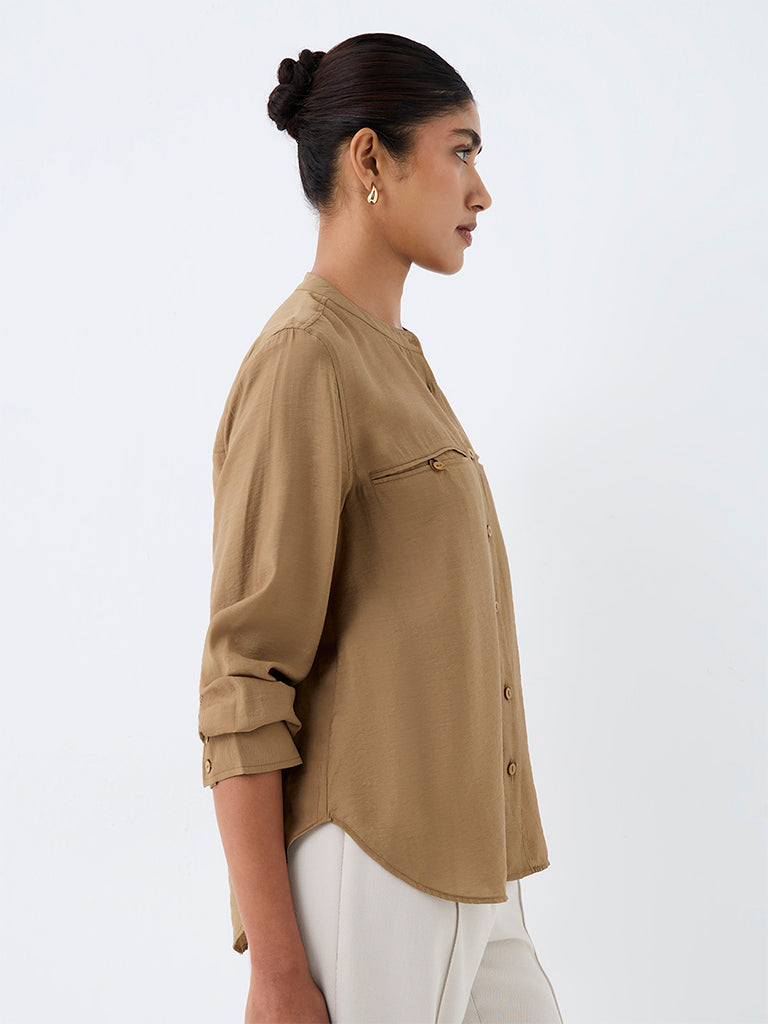 Wardrobe Dark Beige Solid Cotton Blouse