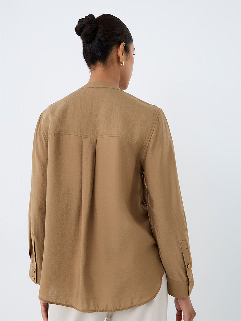 Wardrobe Dark Beige Solid Cotton Blouse