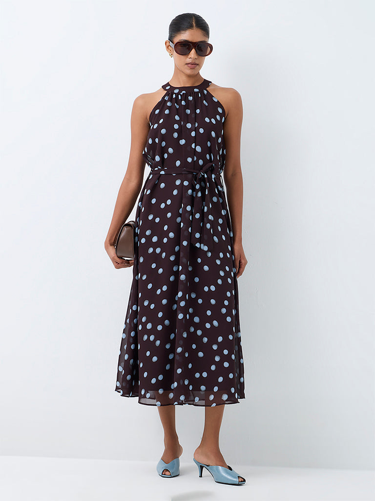Wardrobe Dark Brown Polka Dot A-Line Dress with Belt