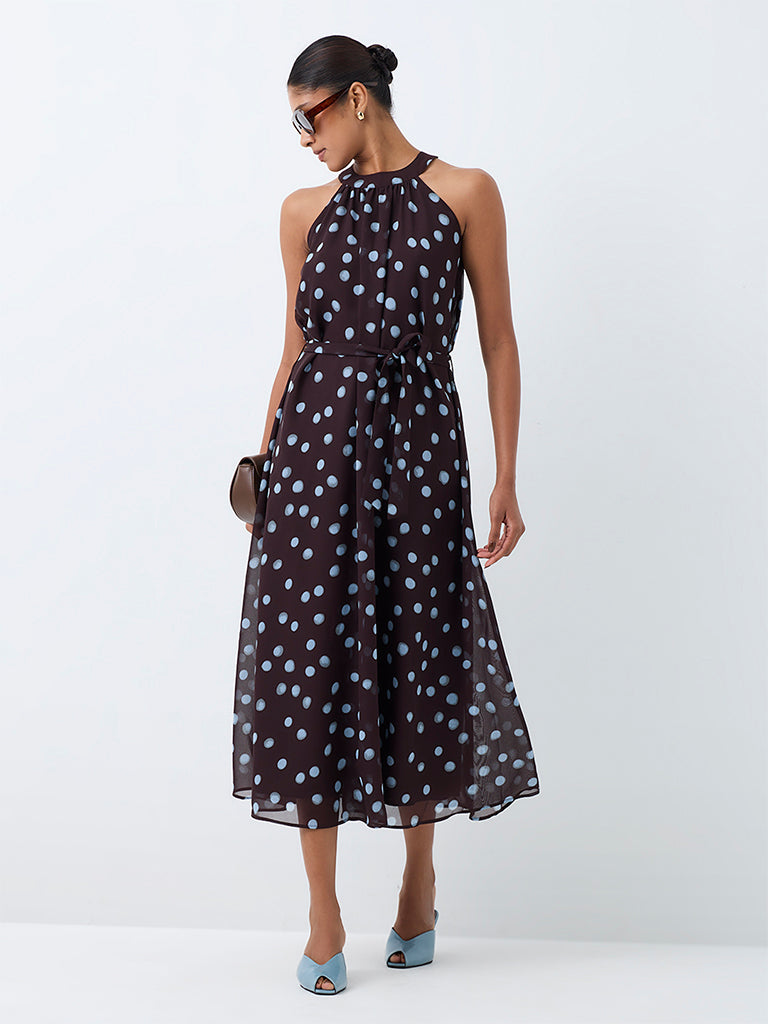 Wardrobe Dark Brown Polka Dot A-Line Dress with Belt