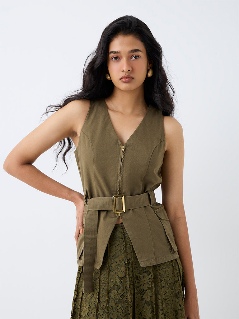 LOV Dark Olive Denim Top with Belt