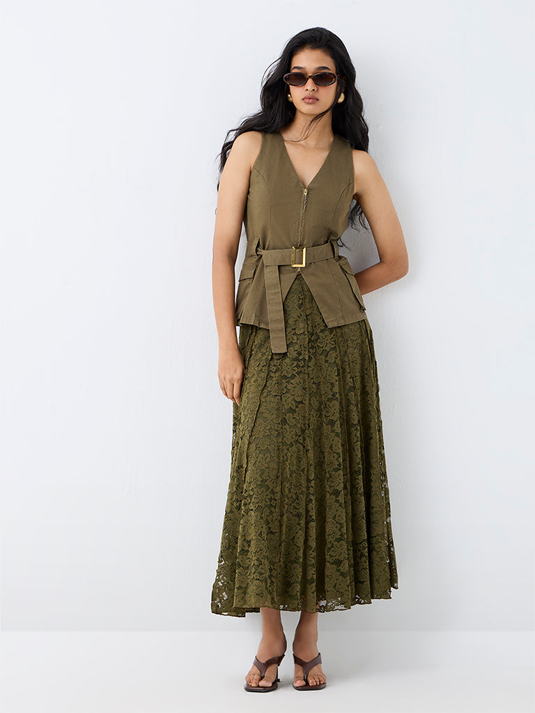 LOV Dark Olive Denim Top with Belt