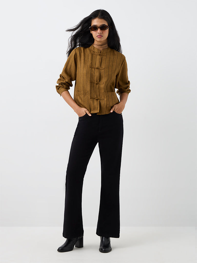 LOV Dark Mustard Striped Blouse with Frog Fastening